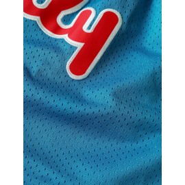 Men'S Moon Blue Baseball Shorts, Classic Letter Embroidery Design, Breathable Button Style Short Sleeved Shirt, Suitable for Training And Competition