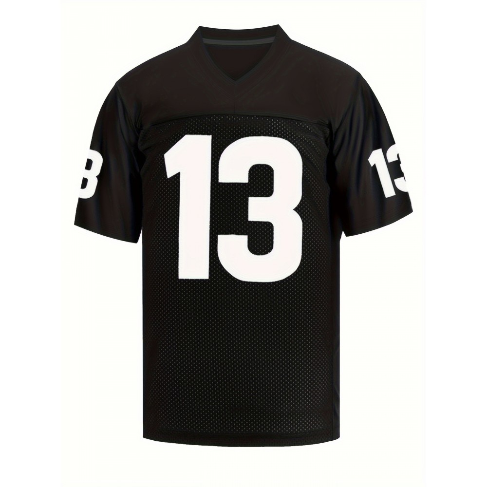 [Black Rugby Jersey #13] Black Breathable Rugby Jersey - Men's V-neck Short Sleeved Uniform for Training and Matches - Embroidered American Football Shirt #13