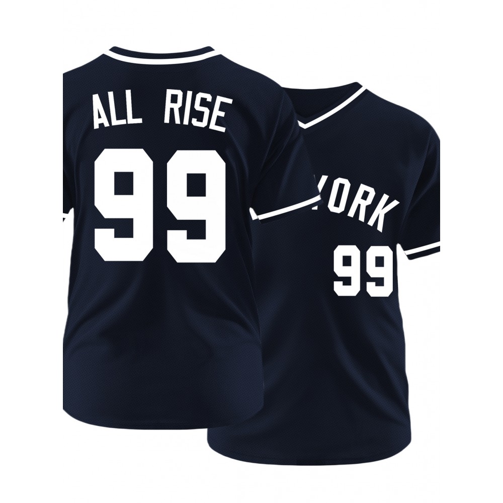 Men'S Deep Blue # 99 Baseball Shirt, Classic Letter Embroidery Design, Breathable Button style Short Sleeve Shirt, Used for Training and Competition