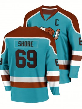 Men's #69 Moon Orchid Ice Hockey Jersey - Teal & Brown Retro Embroidered V-Neck Sweatshirt, Loose Fit, Breathable Polyester for Sports, Streetwear & Casual Outings