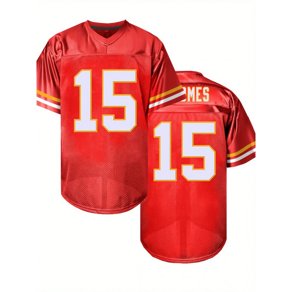 Men'S Red #15 Football Jersey - Loose Fit, Embroidered V-Neck Sports Shirt for Casual & Outdoor Wear, Breathable Mesh Fabric with Striped Trim, Perfect for Casual Attire, Sports Jersey | #15 Jersey | Durable Jerse