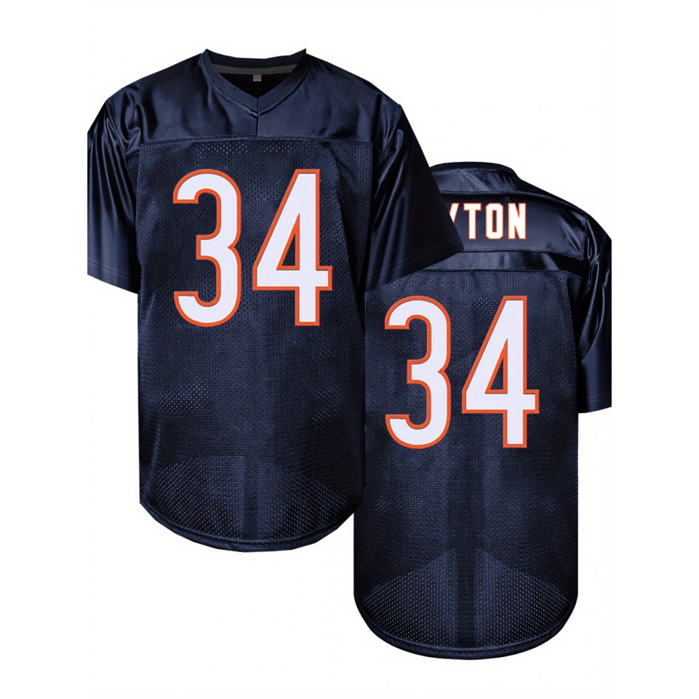 Men'S Deep Blue # 34 Breathable Rugby Shirt, Sports V-neck Short Sleeve Training Match Uniform, Embroidered American Football Shirt