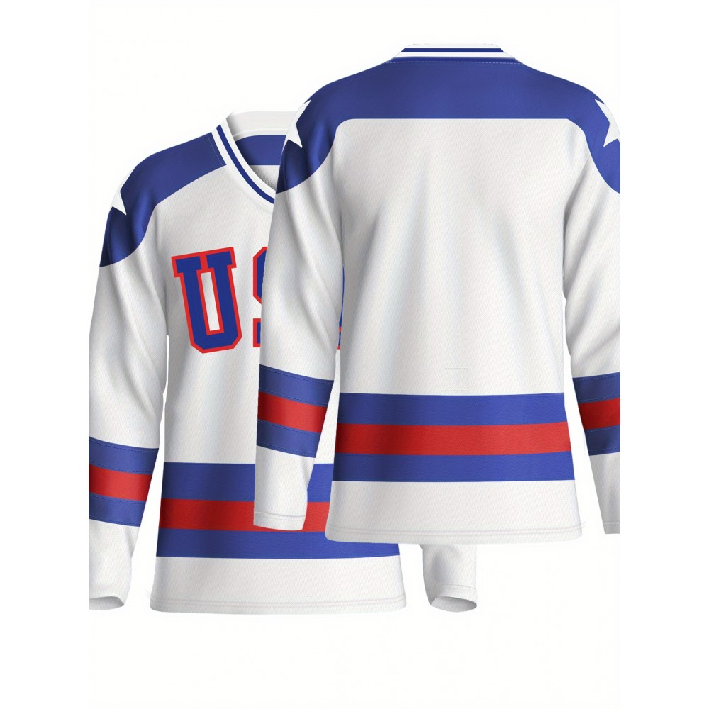 Men's U.S.A. Embroidered Ice Hockey Jersey - White, Blue & Red Striped V-Neck Sweatshirt, Loose Fit, Breathable Polyester for Sports, Casual Wear & Outdoor Activities, Outdoor Activewear | Casual Hockey Jersey | Embroidered Detailing