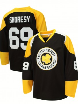 Men's Black # 69 Ice Hockey Sports Shirt, Loose Embroidered Long Sleeves, Sports Fashion Casual, Street Breathable