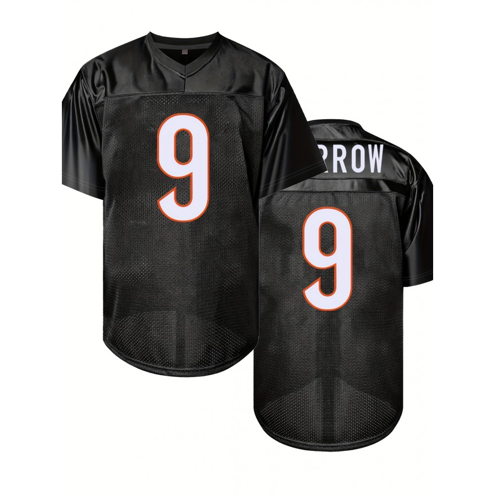 Men's Black # 9 Breathable Rugby Jersey, Sports V-neck Short Sleeved Uniform For Training And Matches, Embroidered American Football Shirt