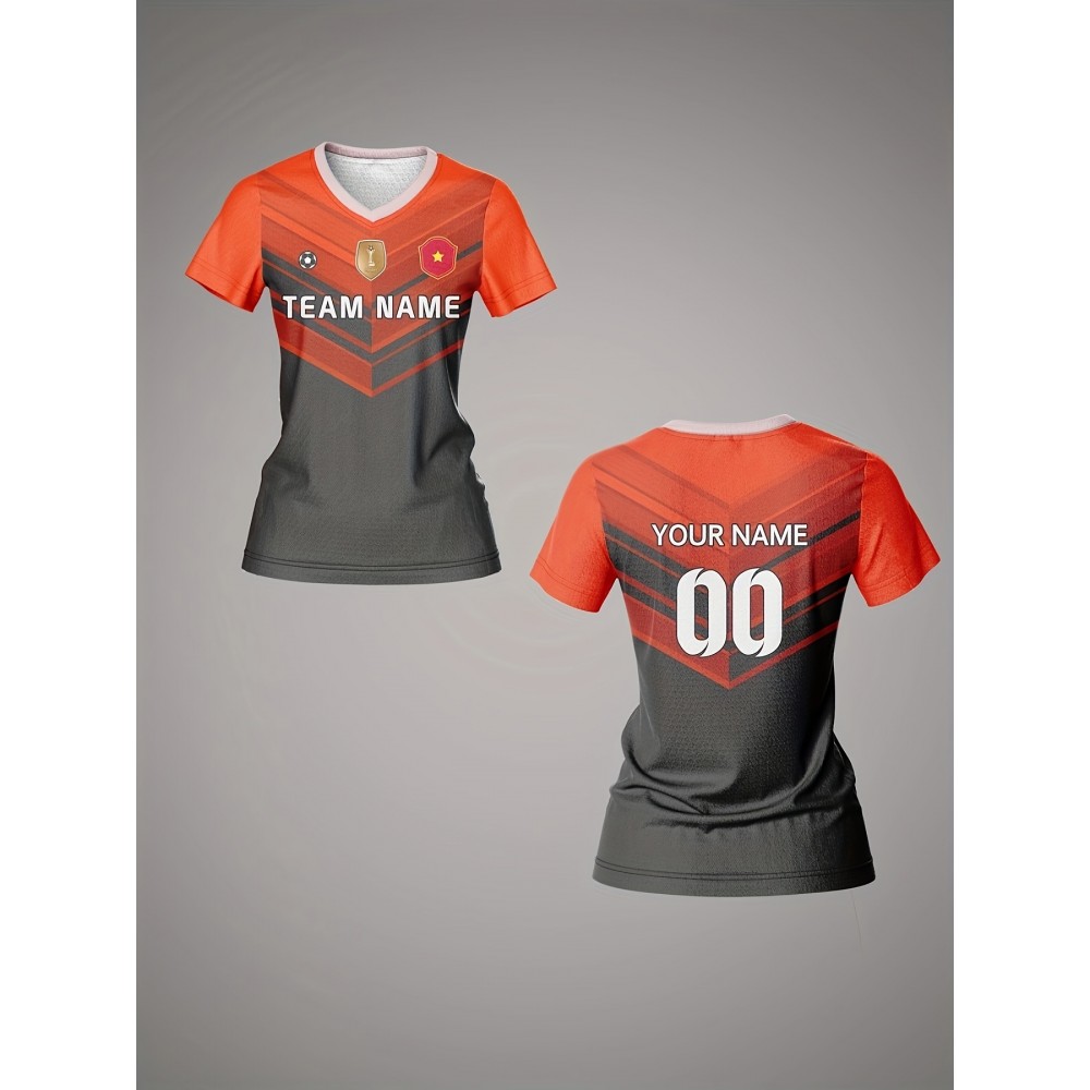Customizable Women's V-Neck Football Jersey - Personalized Name & Number, Breathable Polyester, Orange & Gray Retro Design for Team Sports, Training, and Casual Wear