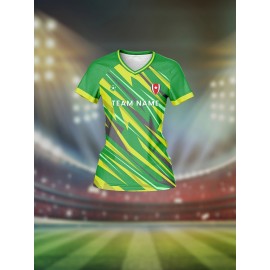 Customizable Women's V-Neck Soccer Jersey - Green & Yellow Striped Design, Personalized Name & Number, Breathable Polyester for Team Sports, Fitness, and Casual Wear