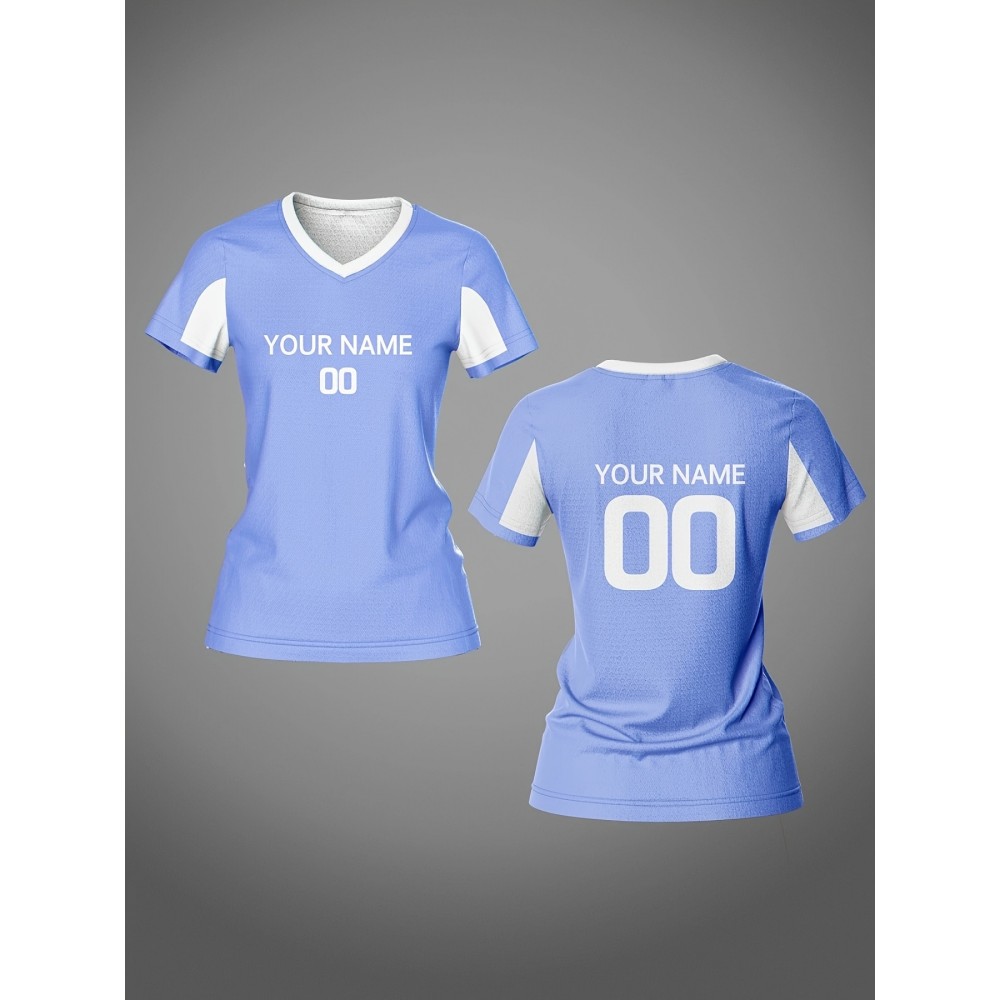 Customized Name & Number Women's V-Neck Football Jersey - Breathable Quick-Dry Moisture-Wicking Light Blue/White Stripes Team Training Fitness Casual Sports Top for Spring Summer Fall, Personalized Football Jersey, Comfortable Fit