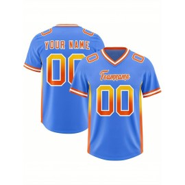 Customizable Plus Size Football Jersey - Personalized Name & Number, Vibrant Orange & Blue Gradient Design, V-Neck Short Sleeve, Breathable Summer Sports Shirt for Women, Football Jersey, Athletic Wear, Sporty Look, Comfortable Fit